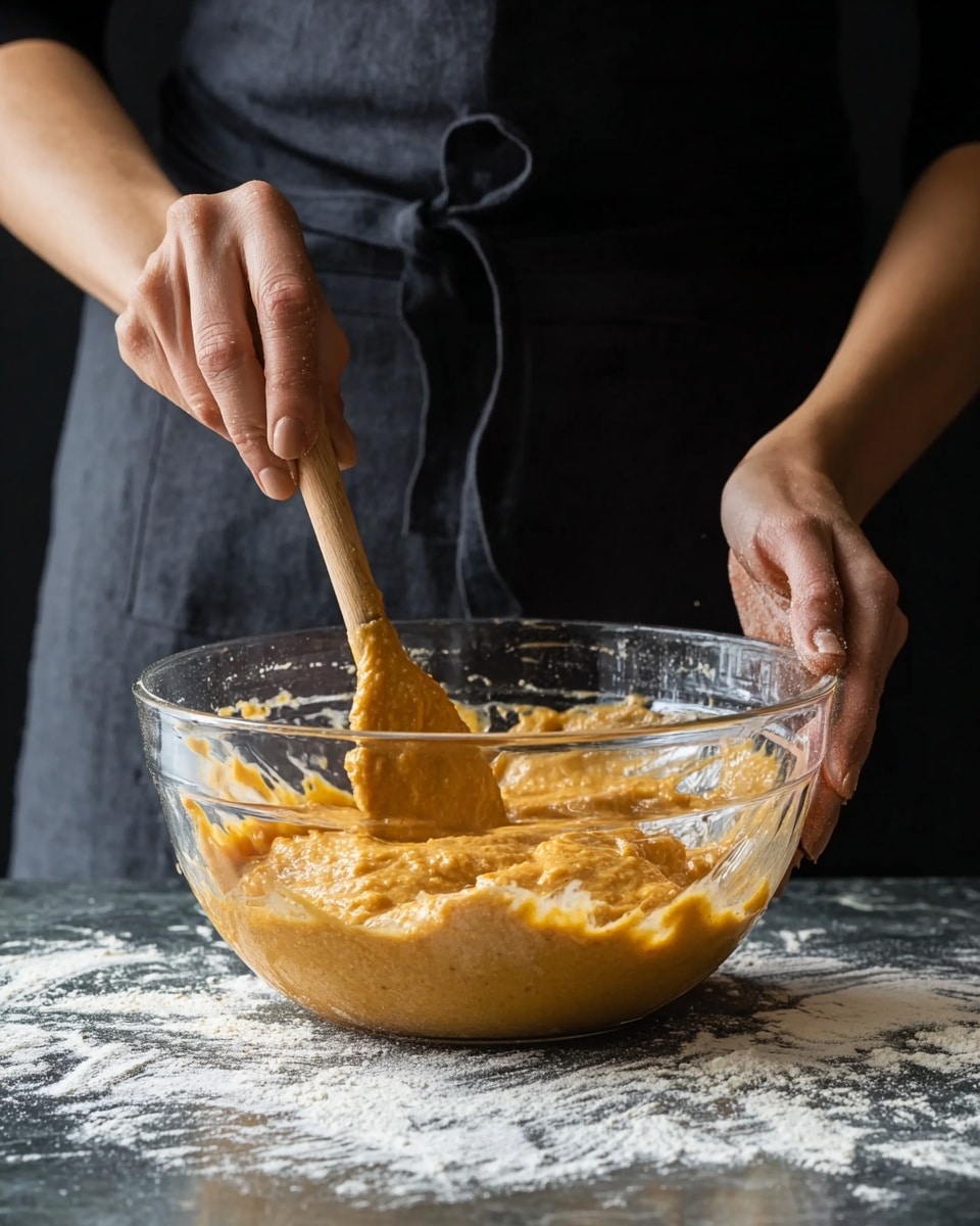 A clear glass mixing bowl holds a thick, orange batter being stirred by a wooden spatula held in a woman's hand, while the other woman's hand steadies the bowl. The batter is dense and smooth with some lumps, filling about half the bowl. The surface under the bowl is dark with a white marbled texture and a ring of scattered white flour surrounds the bowl. The background shows a person wearing a dark apron against a similarly dark backdrop. photo taken with an iphone --ar 4:5 --v 7