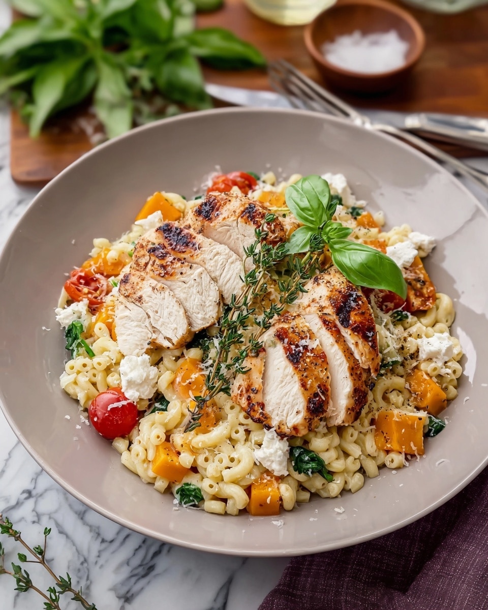 A white plate holds a colorful dish with three main layers. The bottom layer is a mix of small pasta, vibrant green spinach, orange pumpkin cubes, and red cherry tomato halves, all coated lightly in a creamy sauce. The middle layer is sprinkled with crumbled white cheese and grated cheese, adding texture. On top, three pieces of browned, grilled chicken breast are neatly placed, garnished with a sprig of fresh thyme and a few green basil leaves. The background shows a white marbled surface with a fork and knife set to the right side. Photo taken with an iphone --ar 4:5 --v 7
