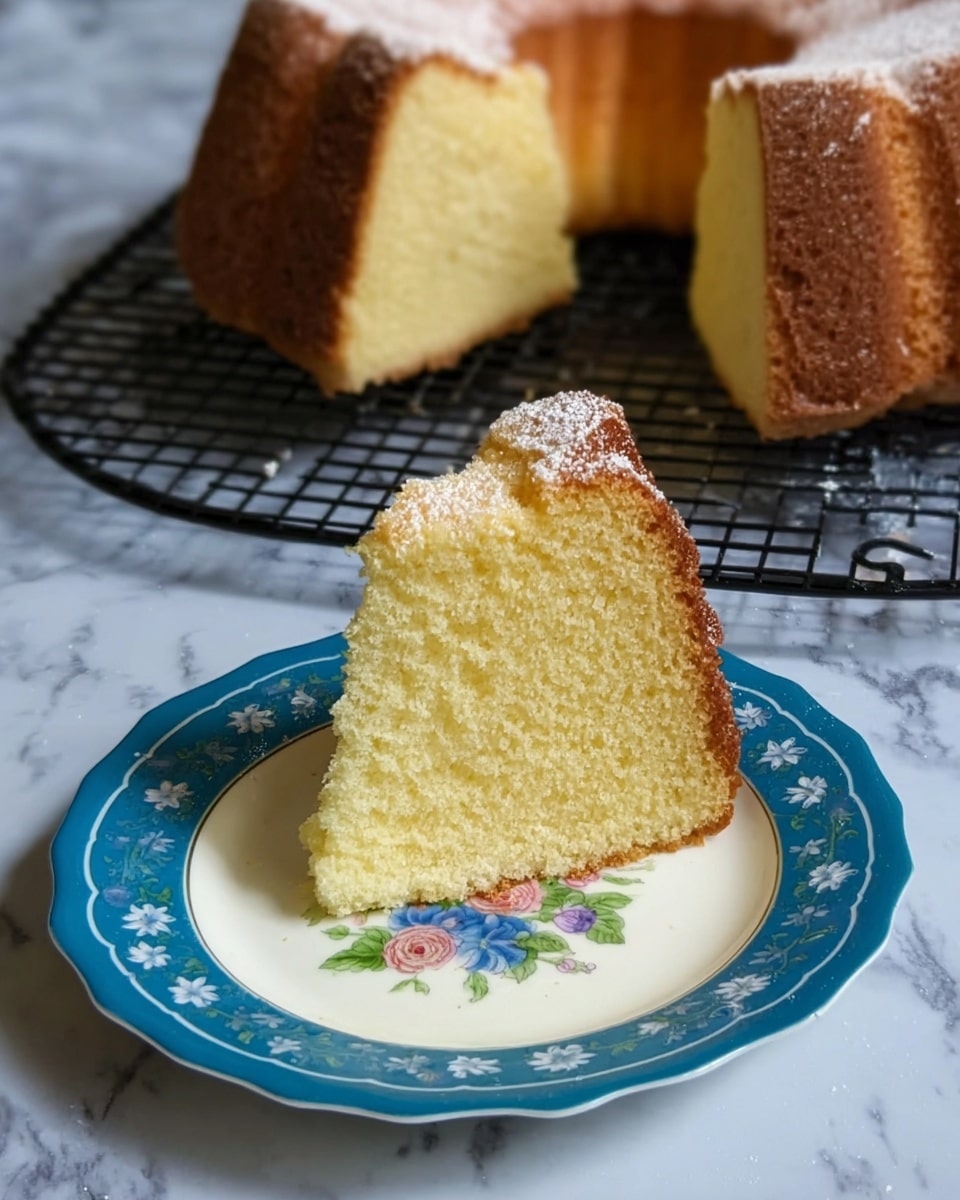 A thick slice of yellow cake with a soft, crumbly texture sits on a white plate with a blue rim and white flower patterns, as well as a floral design in the center in various colors including blue and green. The cake has a golden brown crust, and you can see it dusted lightly with powdered sugar. In the background, the rest of the cake is shown on a black wire cooling rack. The surface underneath everything is a white marbled texture. Photo taken with an iphone --ar 4:5 --v 7