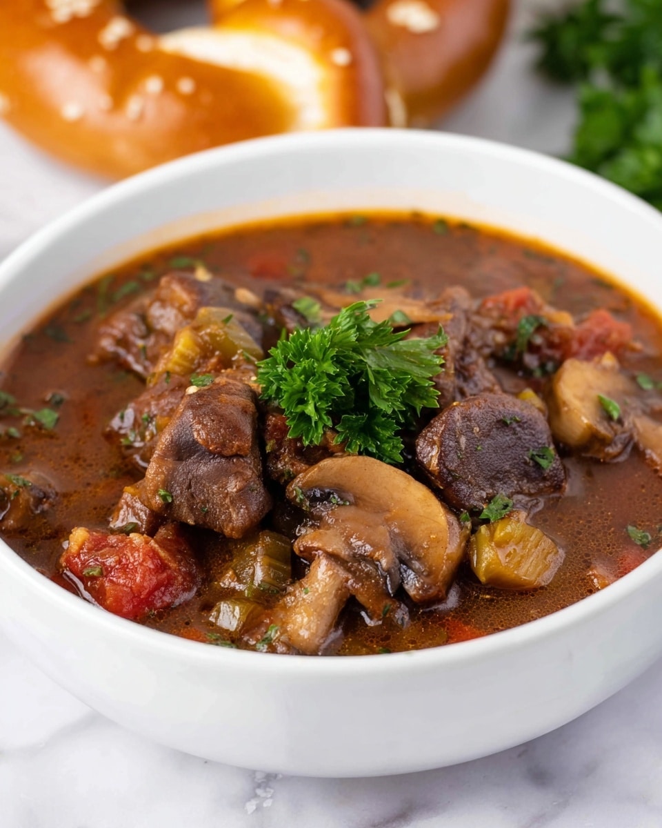 A white bowl filled with a thick stew showing multiple layers: at the bottom is a rich, dark brown broth, above it are chunks of tender beef in deep brown, pieces of cooked mushrooms in light and dark beige, diced tomatoes in red, and bits of celery in green. A fresh green parsley garnish sits on top center. In the background, there is a shiny pretzel with a golden brown crust visible on a white marbled surface. Photo taken with an iphone --ar 4:5 --v 7
