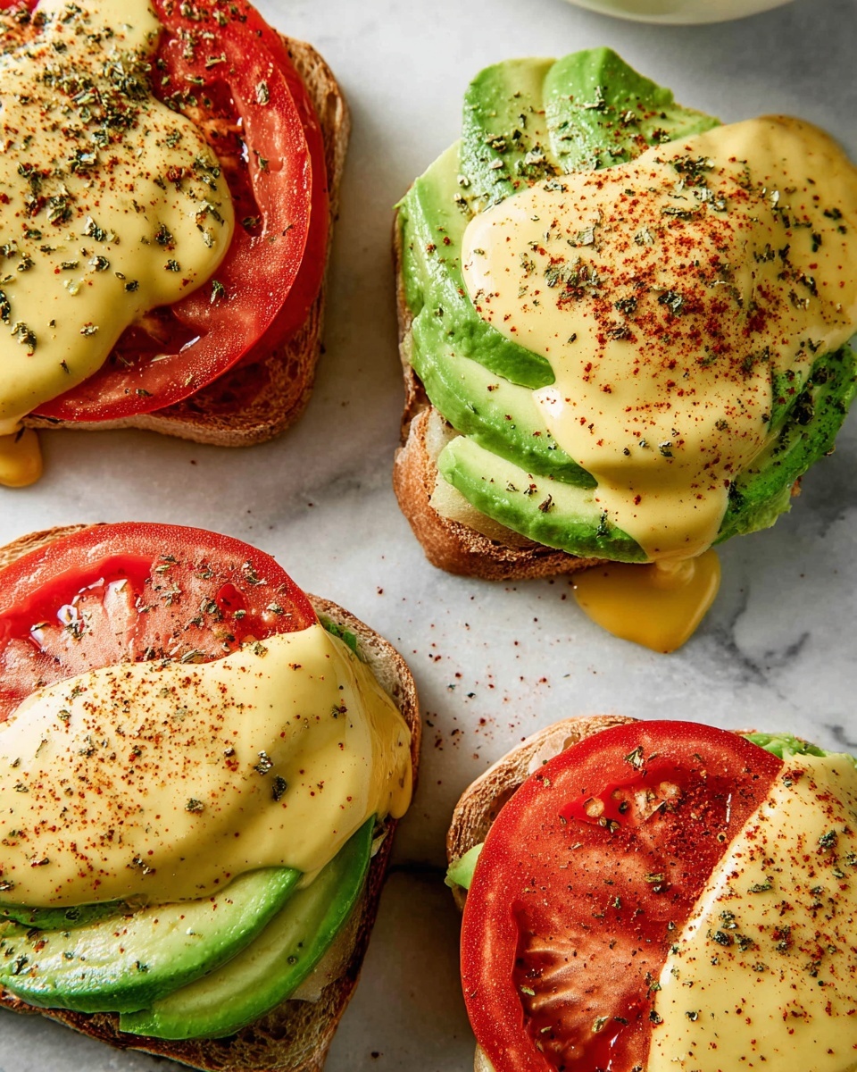 The image shows several toasted English muffins, each with three visible layers: a bottom plain toasted muffin base, a thick red tomato slice, and bright green avocado slices stacked on top. The avocado is covered with a creamy yellow hollandaise sauce that drips slightly over the edges with a few specks of black pepper and red seasoning sprinkled on top. The open muffin halves are placed on a white marbled surface, with a white bowl containing extra sauce blurred in the background. Photo taken with an iphone --ar 4:5 --v 7