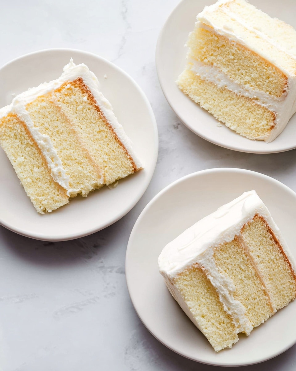 A piece of two-layer white cake with light, fluffy texture sits on a white plate in the foreground. Each layer is separated by thin, smooth white frosting that also covers the outside of the cake evenly. In the background, a white frosted whole cake with two layers matching the slice rests on a white cake stand. The setting is on a white marbled surface with a soft white cloth nearby, giving a clean and bright look. photo taken with an iphone --ar 4:5 --v 7