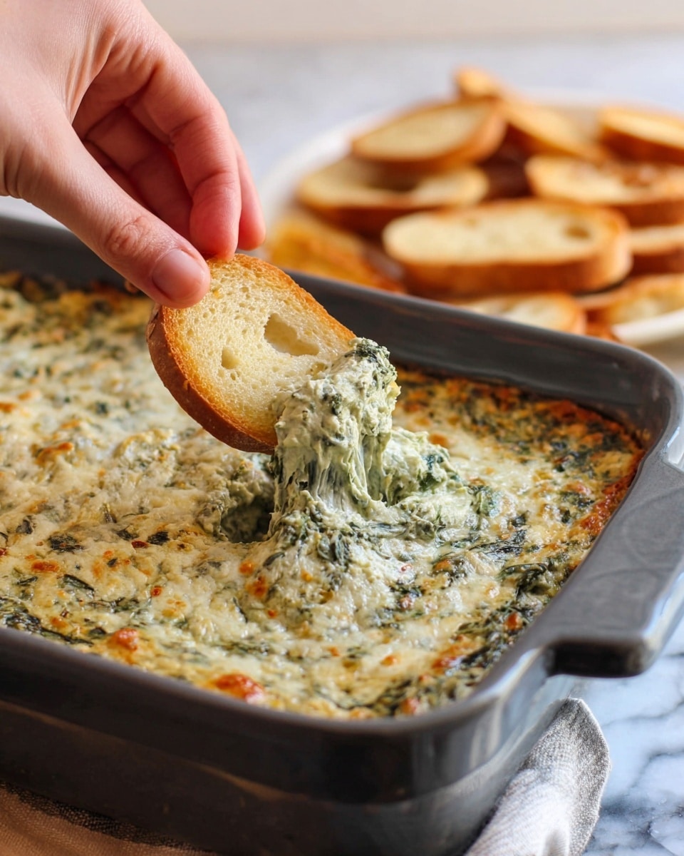 The image shows a square baked dish in a silver metal baking pan with a golden-brown top layer of melted cheese that is bubbly and slightly browned in spots. The cheese layer has a creamy white and light yellow color with some green herbs visible beneath, indicating a spinach or herb mix. The baked mixture underneath looks soft and speckled with green bits, creating a marbled texture. The pan is placed on a white marbled surface covered partially with a white and teal striped cloth, next to a silver serving spoon and a white plate with toasted bread. Photo taken with an iphone --ar 4:5 --v 7