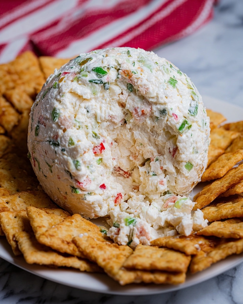 A round ball of creamy white cheese mixed with small pieces of green and red vegetables sits in the center of a white plate; part of the cheese ball is scooped out, showing its soft and chunky inside layers with visible bits of chopped veggies. Around the cheese ball, there is a layer of golden brown triangular crackers arranged casually, some overlapping each other. Behind the plate, a red and white striped cloth adds a bit of soft color to the scene, all set on a white marbled texture surface. photo taken with an iphone --ar 4:5 --v 7
