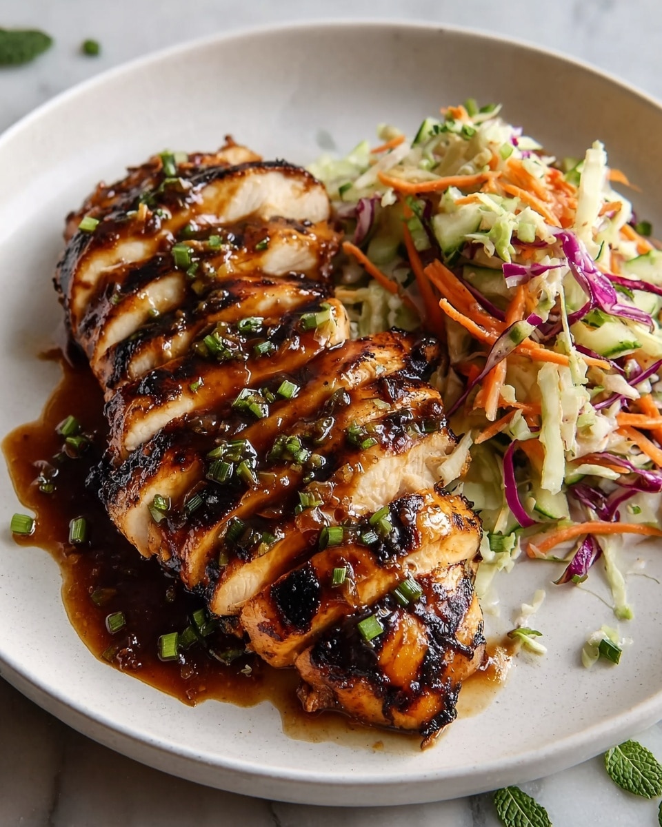 A white speckled bowl holds two main layers: on the left, sliced grilled chicken breast with a golden brown, slightly charred, and glossy surface covered in a rich, dark sticky sauce sprinkled with chopped green herbs; on the right, a colorful coleslaw made of shredded orange carrots, pale green cucumber slices, purple cabbage, and light green cabbage, all mixed and lightly dressed, garnished with more chopped herbs. The chicken and coleslaw are placed side by side, filling the bowl. The bowl sits on a white marbled texture. photo taken with an iphone --ar 4:5 --v 7