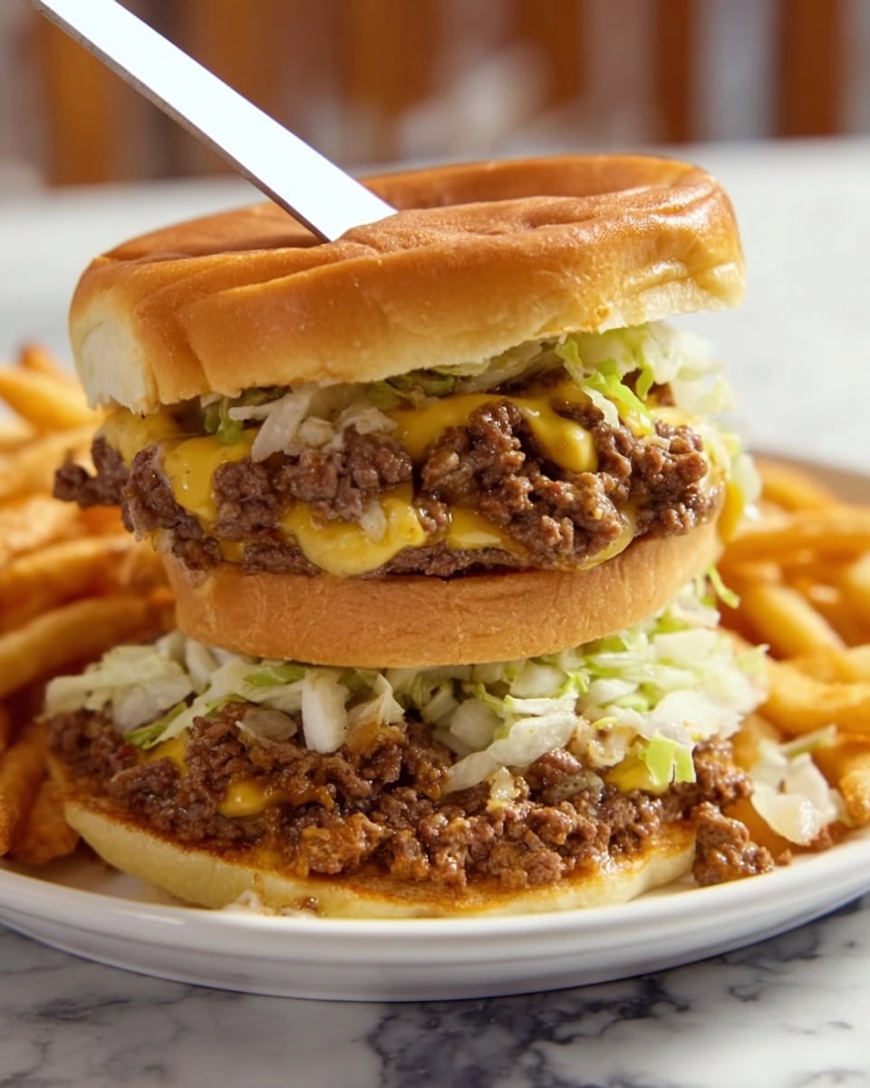 The image shows a double-layered burger with a toasted golden bun at the bottom, layered with shredded light green lettuce and melted yellow cheese, followed by a thick layer of cooked ground beef. On top of this is another toasted golden bun layer with some sauce, more shredded lettuce, and another generous portion of cooked ground beef. The top bun is being held up by a white and wooden spoon, revealing all the layers inside. The burger sits on a white plate with a side of crispy golden fries, all placed on a white marbled surface. Photo taken with an iphone --ar 4:5 --v 7