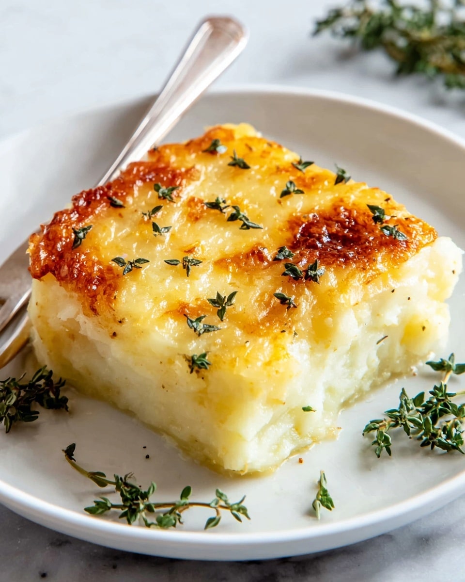 A close-up of a baked dish in a white ceramic oval casserole dish, featuring a thick top layer of melted, golden-brown cheese with some darker browned spots and small green herb bits scattered on top. Beneath the cheese, there is a creamy, smooth layer that looks soft and light yellow in color. The edges of the cheese are slightly bubbled and crusty, showing a well-cooked texture. The dish is set on a white marbled surface, giving a clean and bright background. photo taken with an iphone --ar 4:5 --v 7