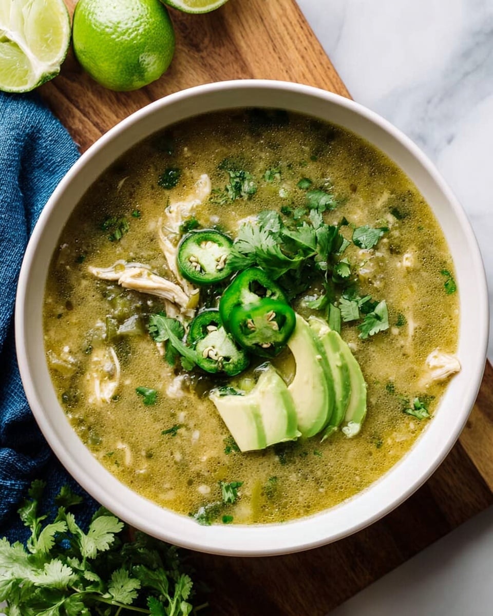 A white bowl filled with green chicken soup that has a slightly thick texture mixed with shredded chicken pieces and chopped cilantro scattered throughout. On top are three slices of fresh green jalapeño, a small fan of thin avocado slices, and a sprig of cilantro placed in the center. The bowl sits on a light wooden board, with a half lime and a blue cloth napkin at the edges. The background shows a white marbled surface. photo taken with an iphone --ar 4:5 --v 7