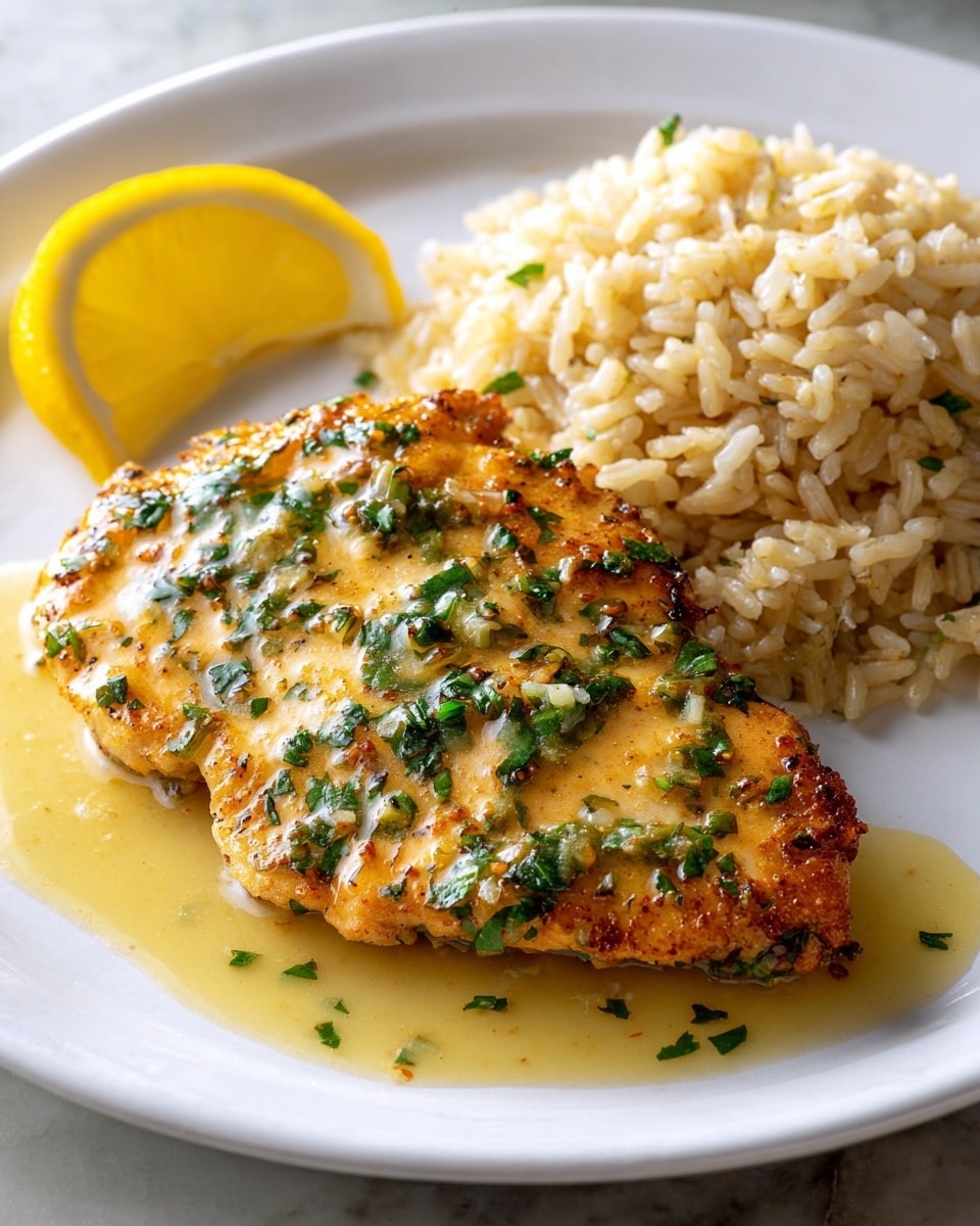 A white plate holds a single golden-brown chicken breast covered with a glossy herb sauce that has small green leaf bits, giving the chicken a moist and flavorful look. To the right of the chicken, a pile of light brown cooked rice grains fills about half of the plate, showing a soft and fluffy texture. On the left side, a bright yellow lemon wedge rests partially on the chicken, adding a fresh and zesty accent. A small pool of light yellow sauce spreads gently around the chicken, contrasting with the clean white surface of the plate, which sits on a white marbled texture. photo taken with an iphone --ar 4:5 --v 7