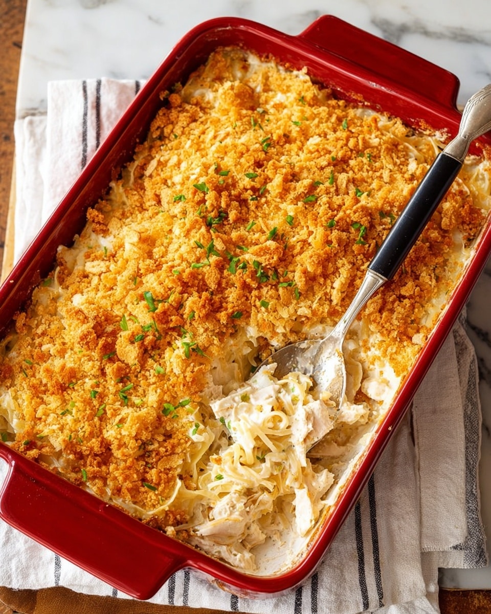 A white, rectangular baking dish holds a multi-layered casserole. The top layer is a golden brown, crunchy breadcrumb crust with small green herb bits sprinkled throughout. Below this is a creamy, white cheese layer mixed with shredded white onion strands. The bottom layer contains chunks of cooked chicken breast, visible through areas where the topping was scooped away by a large metal serving spoon with a black handle resting inside the dish. The dish is resting on a wooden surface with a white marbled texture alongside a white cloth napkin with black stripes. photo taken with an iphone --ar 4:5 --v 7