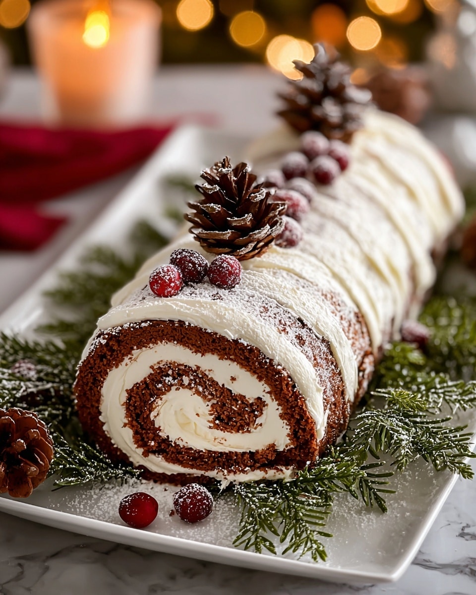 The image shows a rolled cake with three visible layers: a dark brown spongy outer layer, a thick middle layer of white cream, and a swirl design inside where the cake and cream alternate. The cake is placed on a white plate surrounded by green pine branches dusted with white powdered sugar. Small red cranberries are scattered on and around the cake, some on the pine branches. Two pine cones rest on top near the far end of the roll, also lightly dusted with powdered sugar. The background has a glowing candle and blurred warm lights, with everything set on a white marbled texture. photo taken with an iphone --ar 4:5 --v 7
