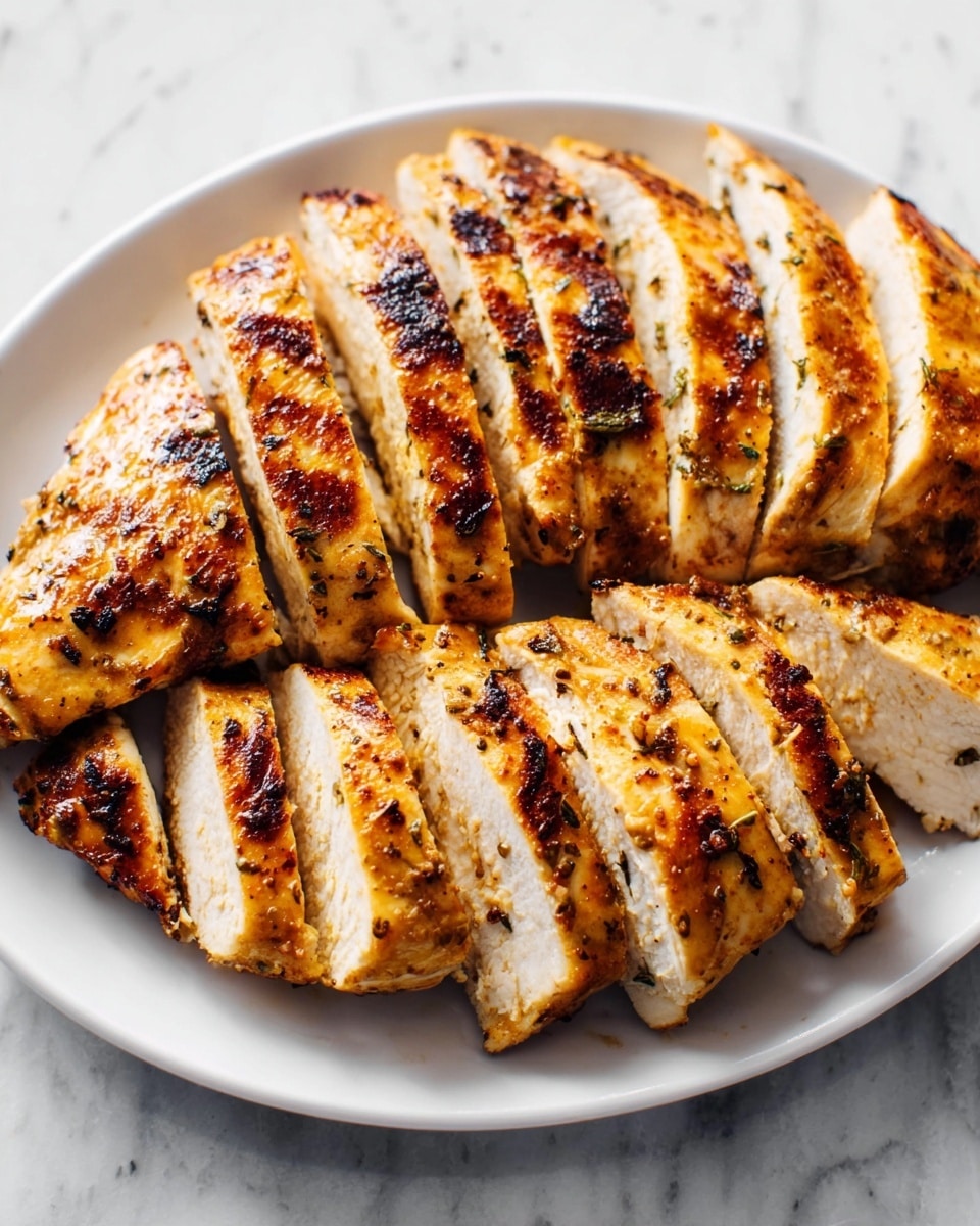 The image shows a white plate with grilled chicken breast sliced evenly into thick pieces. The chicken has a golden-brown crispy skin with grill marks and a slightly charred look, showing a juicy texture inside. The background is a white marbled surface that contrasts with the warm tones of the chicken. photo taken with an iphone --ar 4:5 --v 7
