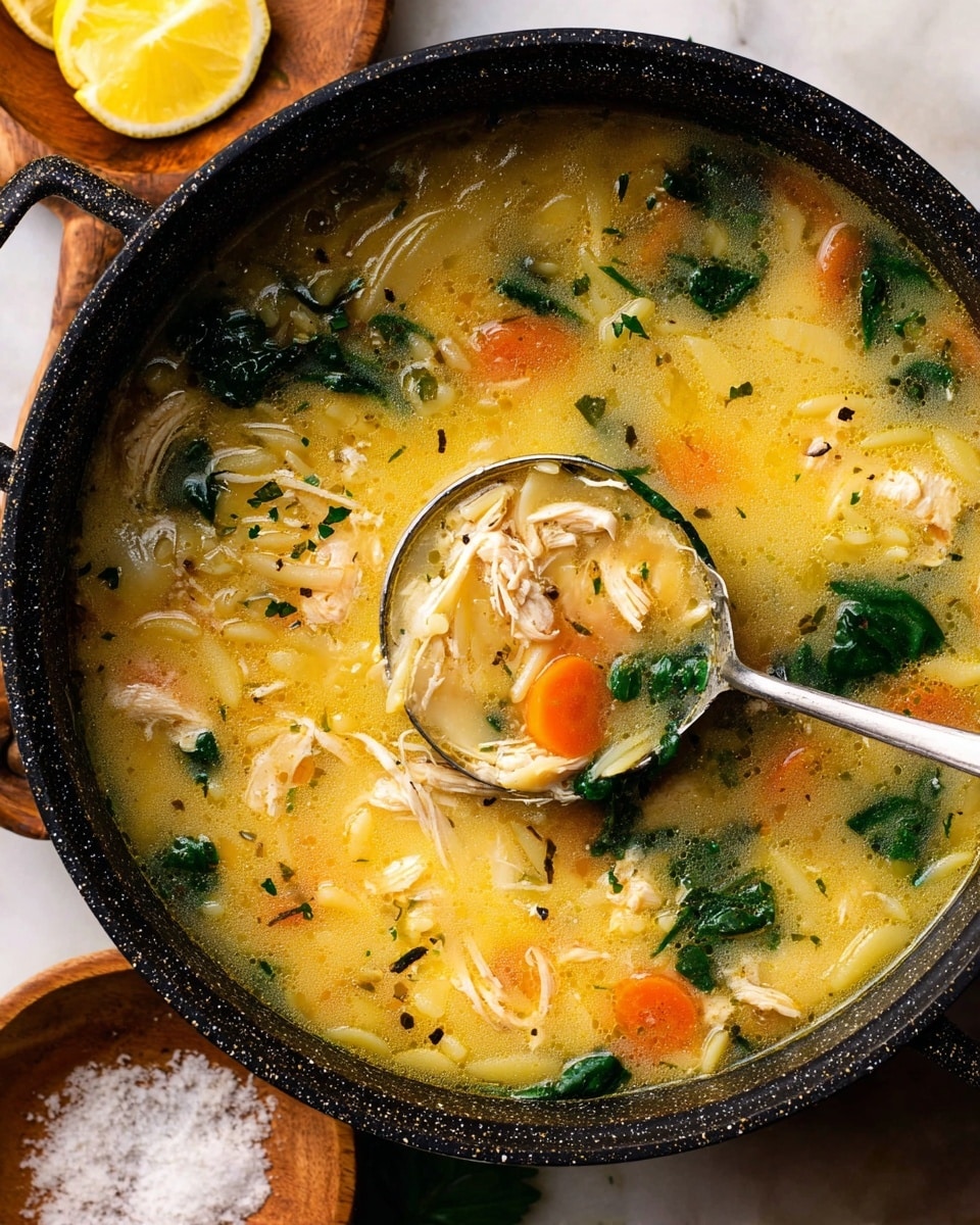 A close-up view of a dark, speckled pot filled with creamy chicken soup. The soup has a thick yellowish broth with shredded white chicken pieces, bright orange carrot bits, dark green spinach leaves, and small pasta pieces. A silver ladle inside the pot lifts a spoonful showing these layers clearly, with light reflecting softly on the liquid. Around the pot on a white marbled texture are small wooden dishes – one with coarse white salt and partial lemon slices. Photo taken with an iphone --ar 4:5 --v 7