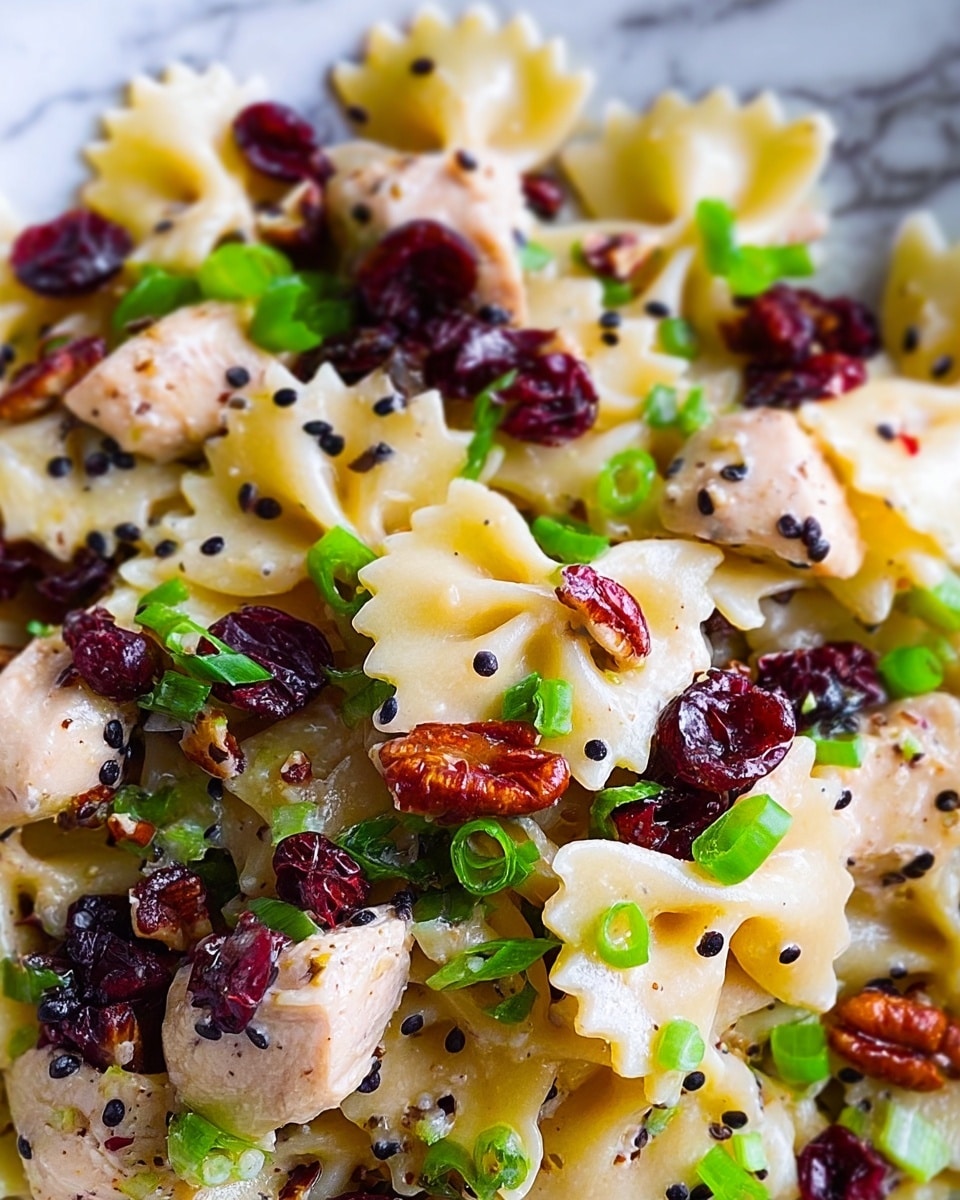 The image shows a close-up of a pasta salad with three main layers: a base of creamy light yellow bowtie pasta with dotted black seeds on top, chunks of light brown chicken pieces scattered throughout, and a topping layer of bright green chopped scallions mixed with dark red dried cranberries and small pieces of reddish-brown nuts, all sitting on a white marbled surface. photo taken with an iphone --ar 4:5 --v 7