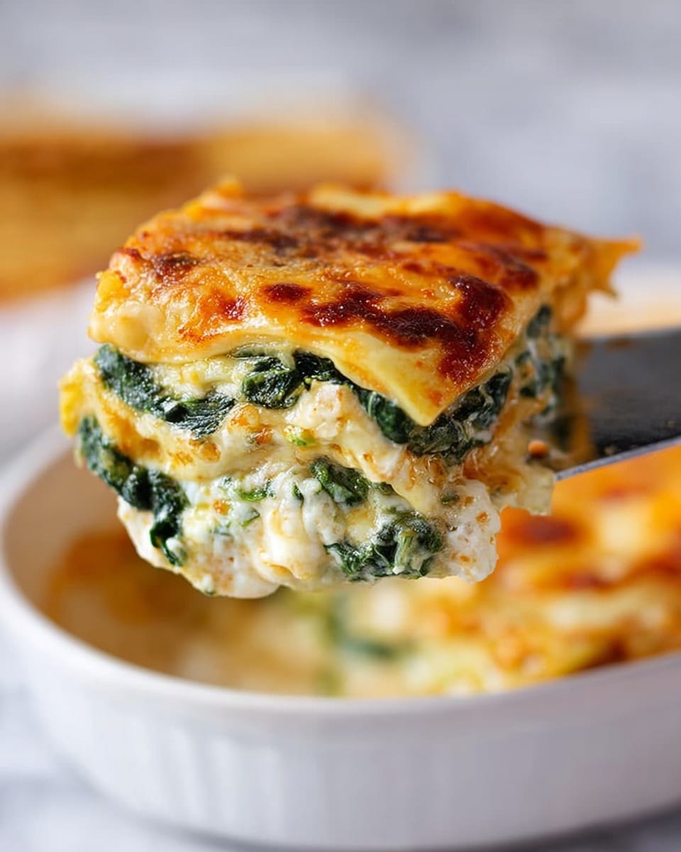 A close-up of a slice of lasagna lifted by a spatula showing four distinct layers: the top layer is golden brown melted cheese with a slightly crispy texture, beneath it is a creamy white layer mixed with melted mozzarella, followed by a layer of green spinach leaves, and finally a base of soft pasta sheets with a light yellow color. The background shows a white round casserole dish with some lasagna inside, set on a white marbled surface. photo taken with an iphone --ar 4:5 --v 7
