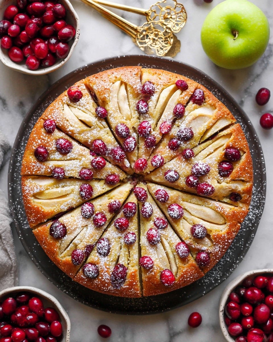A golden-brown round cake sits on a black round tray, topped with thin slices of golden apple arranged in triangular sections radiating from the center. Each section is filled with clusters of deep red and dark purple cherries, contrasting vividly with the light cake base. The cake has a slightly crispy edge and a soft, moist texture in the middle. A green apple is placed nearby on a white marbled surface, and a rustic bowl filled with similar cherries and a gold fork are blurred in the background. Photo taken with an iphone --ar 4:5 --v 7
