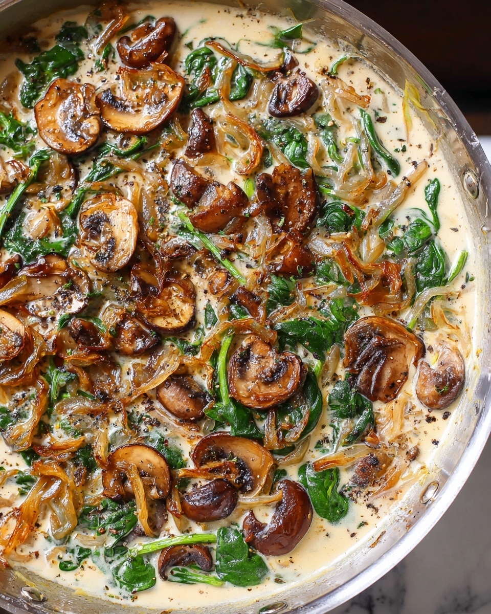 A close-up view of a creamy dish in a silver metal pan showing about four different layers mixed together: large slices of light brown mushrooms with a soft, slightly glossy texture; long orange strips of caramelized onions; bright green, wilted spinach leaves; all covered in a thick, light tan creamy sauce with black pepper sprinkles scattered evenly on top. The pan sits on a white marbled surface. photo taken with an iphone --ar 4:5 --v 7