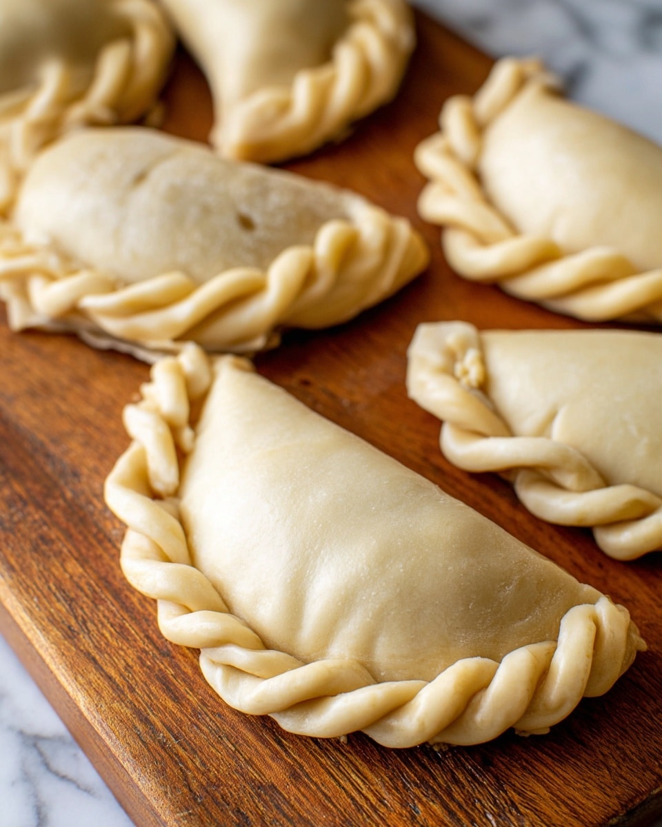 The image shows several raw empanadas placed closely together on a wooden board. Each empanada has a half-moon shape with a dough layer that is smooth and pale beige. The edges of the empanadas are folded and pinched in a braided, twisted pattern, creating a raised, textured border. The surface of the empanada dough looks soft but firm, with slight dimples and creases showing the filling inside beneath the dough. The wooden board has a warm brown color with visible grain and texture. The background is a white marbled texture. photo taken with an iphone --ar 4:5 --v 7