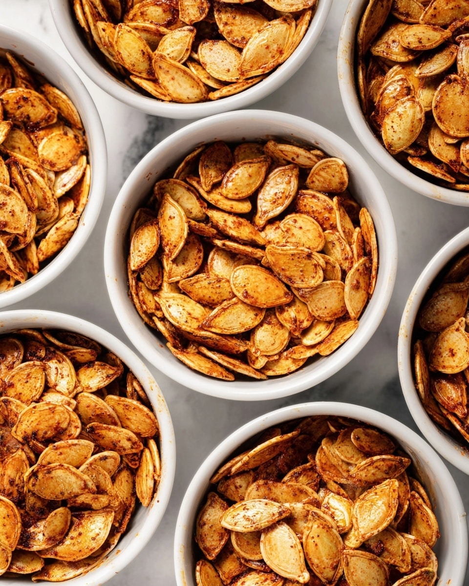 A close-up pile of roasted pumpkin seeds spread out on a flat, white marbled surface, showing their golden-brown color with darker spots of seasoning. Each seed is slightly curved, with a crispy texture and some shiny oil coating visible. The seeds vary in size, some overlapping others, creating uneven layers with a warm, toasty look. Photo taken with an iphone --ar 4:5 --v 7