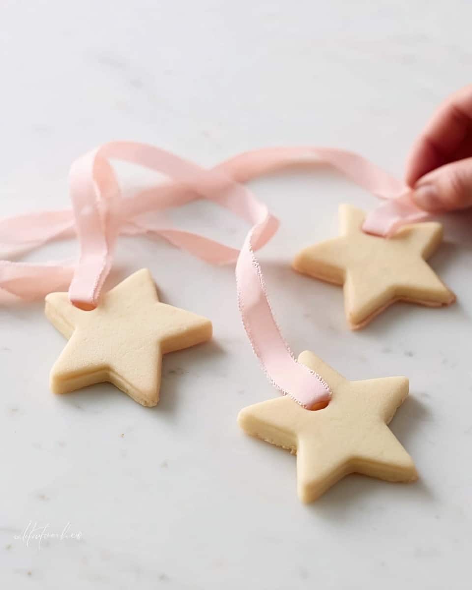 A close-up image shows a child's arm and woman's hand pressing a silver star-shaped cookie cutter onto a flat, light beige dough sheet with a smooth texture. Several star-shaped dough cutouts lie next to the cutter on the dough, which is spread on a white marbled surface. In the background, there are two star-shaped cutters placed on the surface, along with a rolling pin and a few dough stars, all softly blurred. The overall light and soft scene highlights the process of making star cookies. photo taken with an iphone --ar 4:5 --v 7