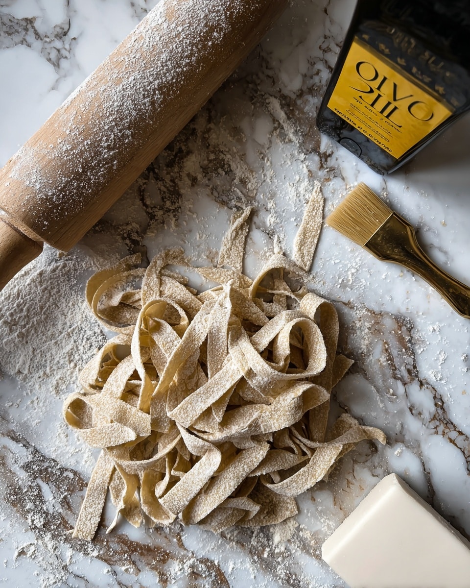 A pile of fresh, uncooked pasta noodles rests on a white marbled surface dusted lightly with flour. The noodles are beige with a soft texture and are cut into wide, flat strips, piled loosely in the center. To the left, a wooden rolling pin covered with flour lies diagonally on the surface. On the right side of the image, a white soap bar with a gold brush and a yellow and black bottle of olive oil are partially visible, adding a subtle contrast to the scene. The overall feel is rustic and homemade, focused on the preparation of fresh pasta. photo taken with an iphone --ar 4:5 --v 7