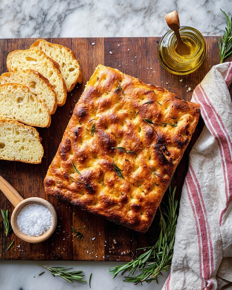 A square focaccia bread with a golden-brown, slightly crispy top dotted with small, darker brown spots and sprinkled with small green rosemary leaves sits on a wooden cutting board. To the side, three light tan slices of bread with an airy, holey texture are laid out in a fan shape. Near the top left corner of the board, a small white bowl holds coarse salt with a wooden spoon resting inside. On the right side of the board, there is a small, clear glass bottle with a bit of olive oil inside. Fresh rosemary sprigs are placed at the bottom right corner of the wooden board. To the right of the board, a white cloth with a red stripe is casually folded on a white marbled surface. photo taken with an iphone --ar 4:5 --v 7