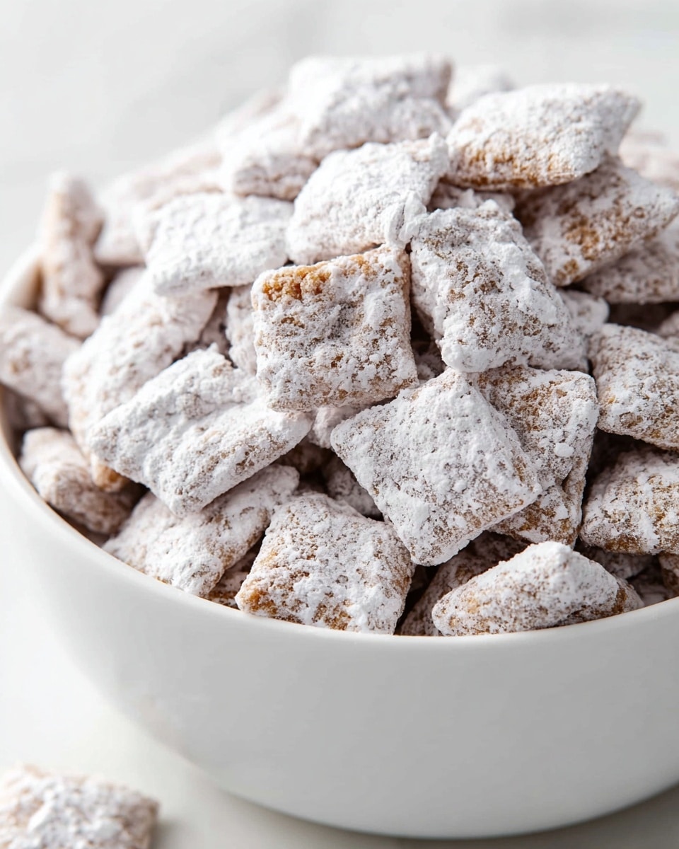 A close-up view of a white bowl filled with many square-shaped cereal pieces covered in a thick layer of powdered sugar, giving them a soft, powdery white texture with some brown peeking through underneath. The cereal pieces are stacked and slightly overlapping inside the bowl, creating a sense of depth and texture. The bowl sits on a smooth white marbled surface, enhancing the light and clean look of the image. photo taken with an iphone --ar 4:5 --v 7