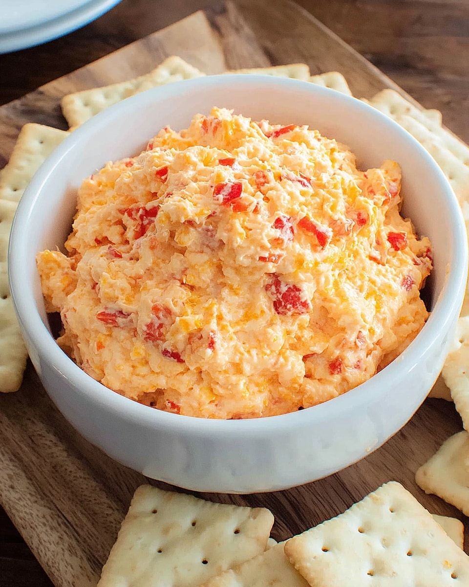 A white bowl filled with a creamy, textured cheese spread that is light orange in color with small red bits mixed throughout, giving it a slightly chunky appearance. The bowl is placed on a wooden surface, surrounded by light yellow square crackers with evenly spaced holes. The focus is on the detailed texture of the cheese spread, showing both the smooth creamy parts and the bits of red peppers or similar ingredients. The background has a white marbled texture. photo taken with an iphone --ar 4:5 --v 7