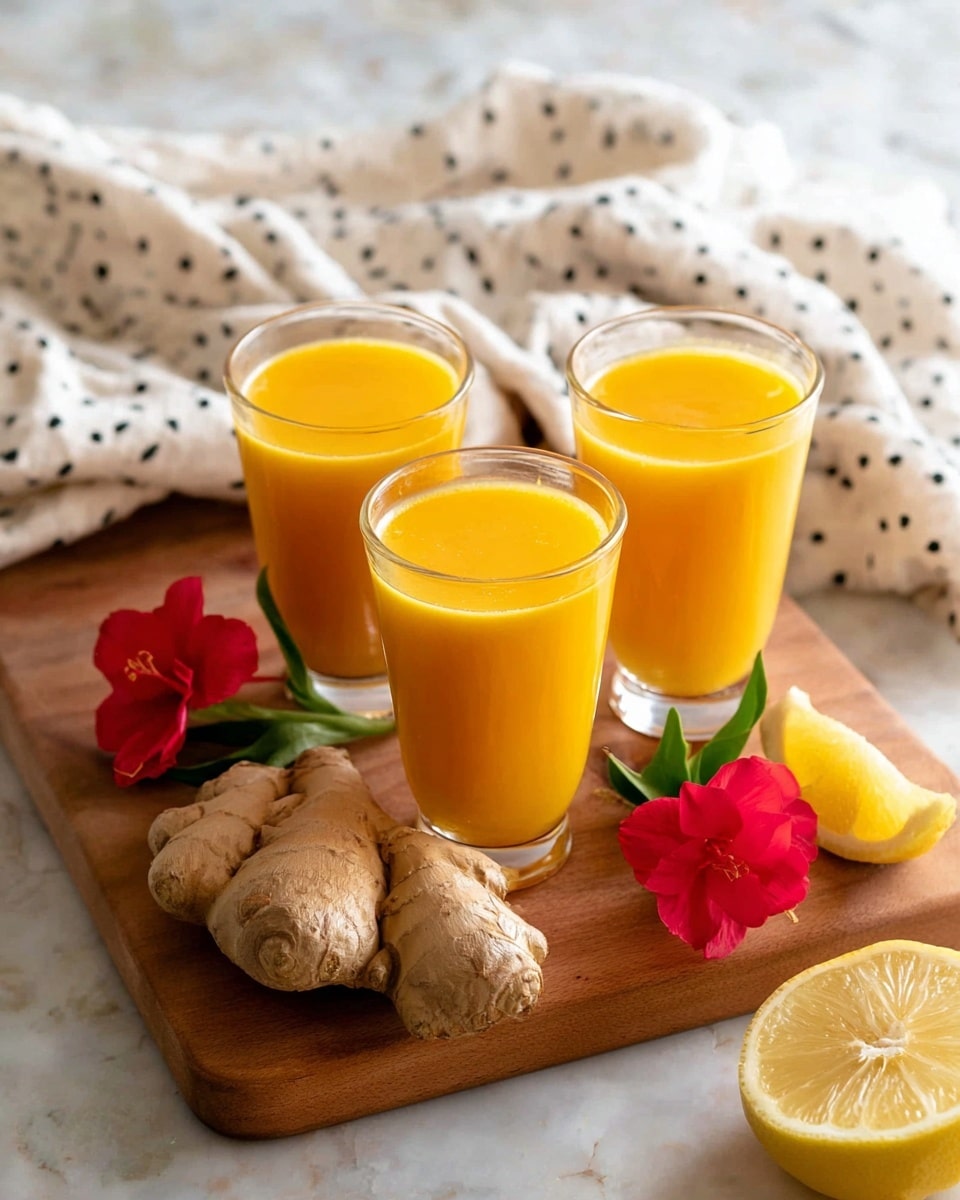 The image shows three clear glasses filled with bright, smooth orange-yellow juice placed on a wooden cutting board. Behind one glass is a large piece of beige, rough-textured ginger root. A yellow lemon slice with a slightly shiny surface rests beside one of the glasses. Two small, vivid red flowers with green leaves are placed around the cutting board, adding color contrast. The background is a soft white marbled texture, and a white cloth with black dotted lines is draped softly in the back. Another lemon half is visible at the bottom right corner. photo taken with an iphone --ar 4:5 --v 7