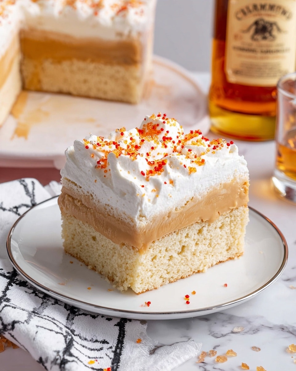 A square piece of cake is served on a white plate with a thin brown rim. The cake has three distinct layers: the bottom layer is a light tan, soft sponge cake with a slightly crumbly texture; the middle layer is a thick, smooth caramel-colored filling; the top layer is a fluffy white whipped topping sprinkled with small red and orange sugar crystals. In the background, there is a glass dish filled with more of the same cake, and a bottle with a yellow-orange label partially visible. The setting includes a white marbled surface and a white and black patterned cloth under the plate with two silver forks nearby. photo taken with an iphone --ar 4:5 --v 7
