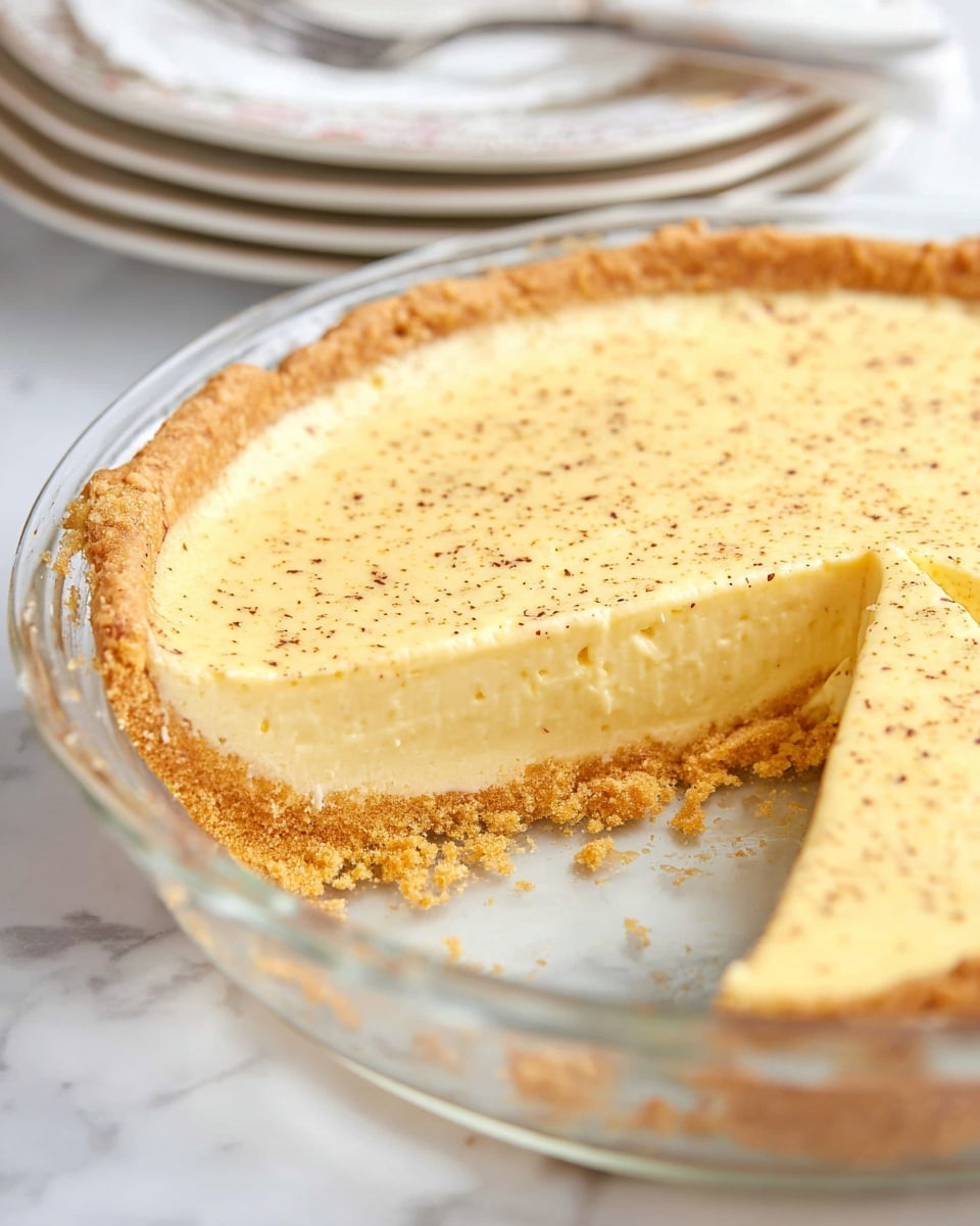 A slice of creamy yellow custard pie with a smooth texture sits on a white plate. It has two layers: a thin, golden-brown crust at the bottom and a thick, pale yellow custard filling dusted with a light sprinkle of brown spice on top. The crust is slightly crimped around the edges, and the custard layer shows tiny air holes. The plate rests on a white marbled surface with a soft focus background that includes another white plate with a similar slice. Photo taken with an iphone --ar 4:5 --v 7
