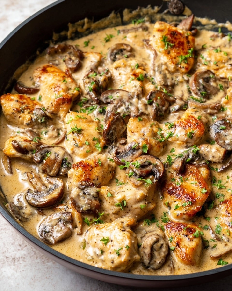 In a black cast iron skillet, there is a creamy mushroom and chicken dish with two main layers. The base layer is a rich, light brown cream sauce mixed with small green garnish bits. On top, there are browned chicken pieces with golden seared edges, scattered with sautéed sliced mushrooms that have a dark brown color and slightly glossy texture. The dish is sprinkled lightly with chopped green herbs and black pepper, creating a contrast against the creamy sauce. The skillet is placed on a surface with a white marbled texture. photo taken with an iphone --ar 4:5 --v 7