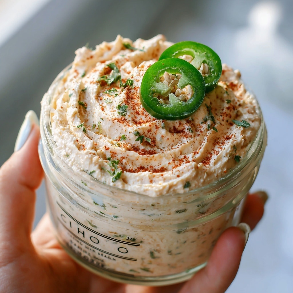 The image shows a clear glass jar filled with a creamy dip, which has a pale beige color mixed with small green herb bits spread throughout. The top layer is swirled in a soft peak, sprinkled with a light dusting of reddish paprika and two slices of green jalapeño peppers placed on top. A woman's hand holds the jar from the side, and the background is a soft blur. The label on the jar has black text but is not fully readable. The photo has a bright, natural light feel. photo taken with an iphone --ar 4:5 --v 7