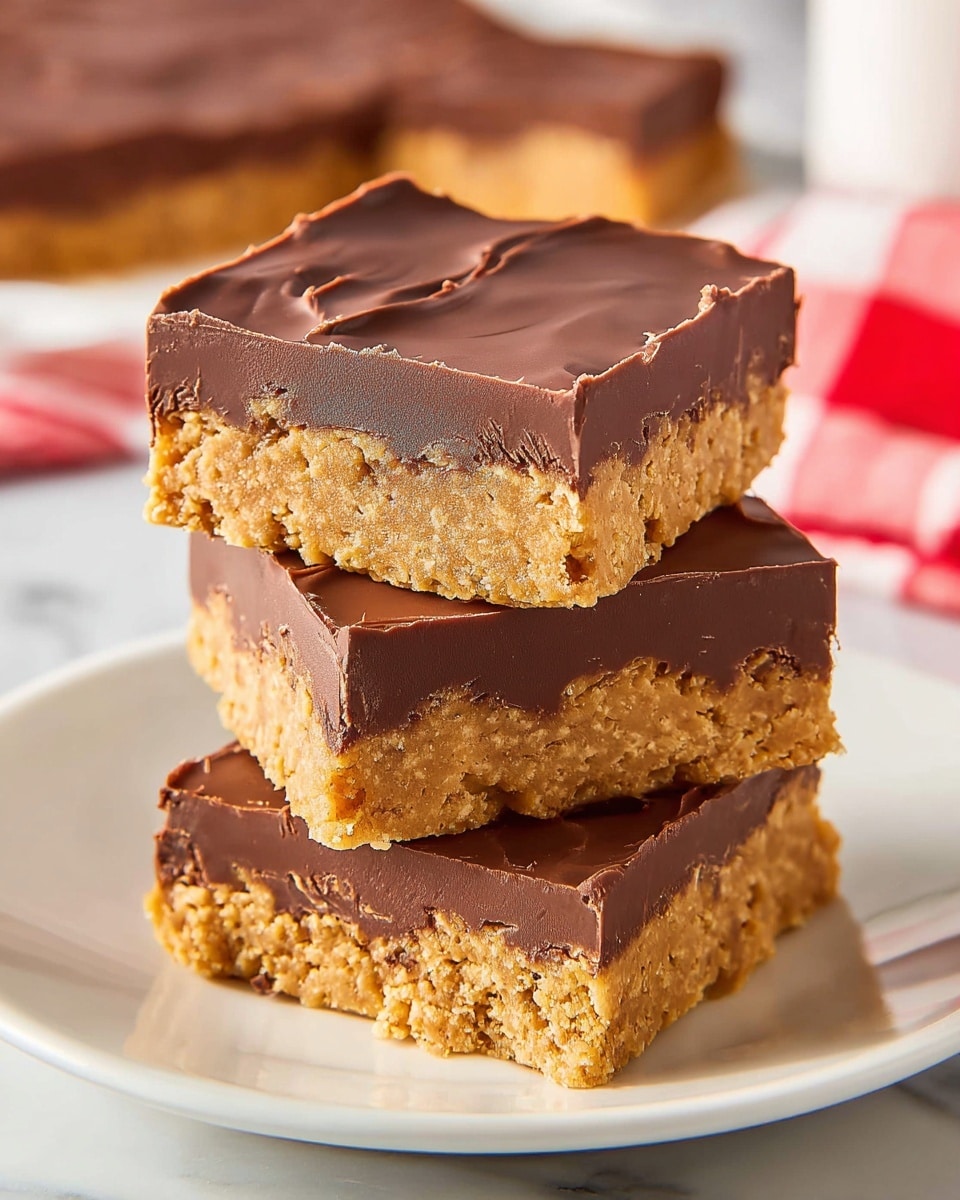 Three thick square bars are stacked on a white plate, each bar showing two clear layers: the bottom layer is chunky and light brown with a slightly crumbly texture, while the top layer is a smooth, dark chocolate coating with slight cracks and glossy patches. The bars have clean, sharp edges, and the background is a white marbled surface with a blurry hint of a red and white cloth and another bar in the distance. photo taken with an iphone --ar 4:5 --v 7