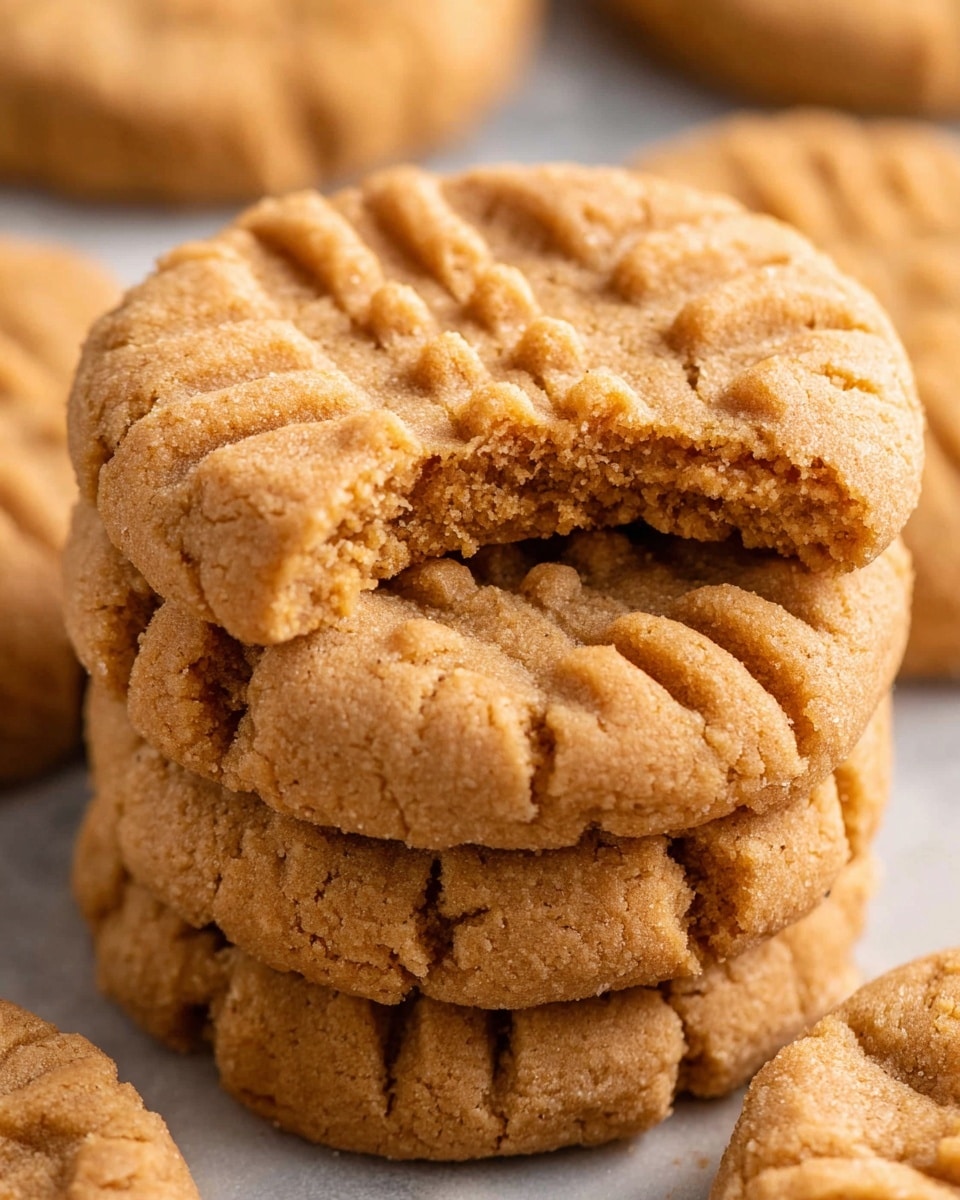 A close-up of a pile of three round peanut butter cookies, stacked on top of each other. The top cookie has a bite taken from its upper edge, showing its light brown, crumbly texture inside. Each cookie has a classic crisscross pattern pressed on its surface, with a rough and grainy texture. The cookies are placed on a white marbled surface, with more cookies blurred out in the background. photo taken with an iphone --ar 4:5 --v 7