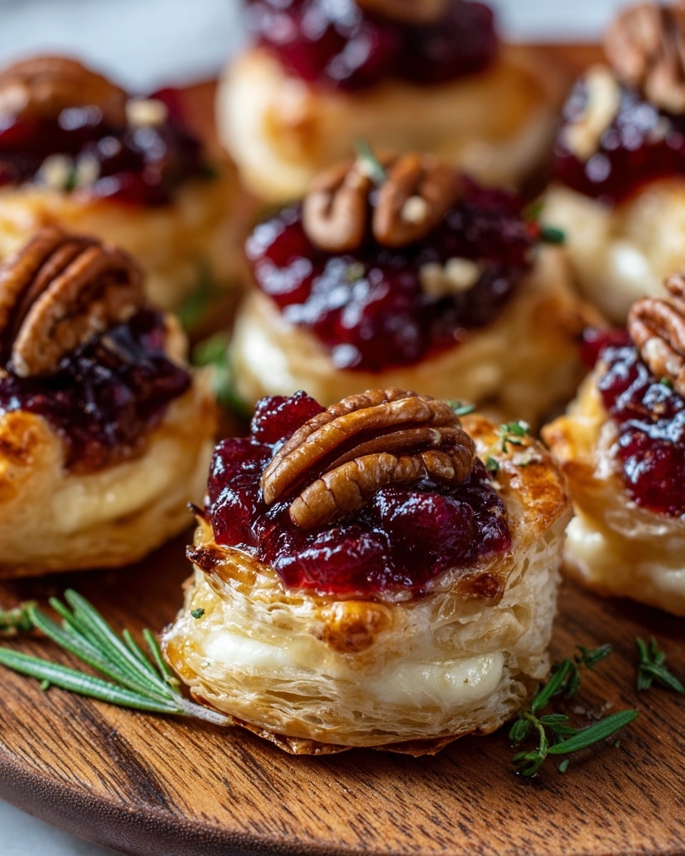 The image shows several small bite-sized appetizers on a brown wooden serving board. Each appetizer has a base layer of golden, flaky puff pastry, topped with a light spread of white cream cheese. On top of the cheese, there is a dollop of deep red cranberry sauce, and the whole bite is crowned with a few glossy pecans and a small sprig of fresh green rosemary. A woman's hand is gently holding the board from the right side. The background is a white marbled surface. photo taken with an iphone --ar 4:5 --v 7