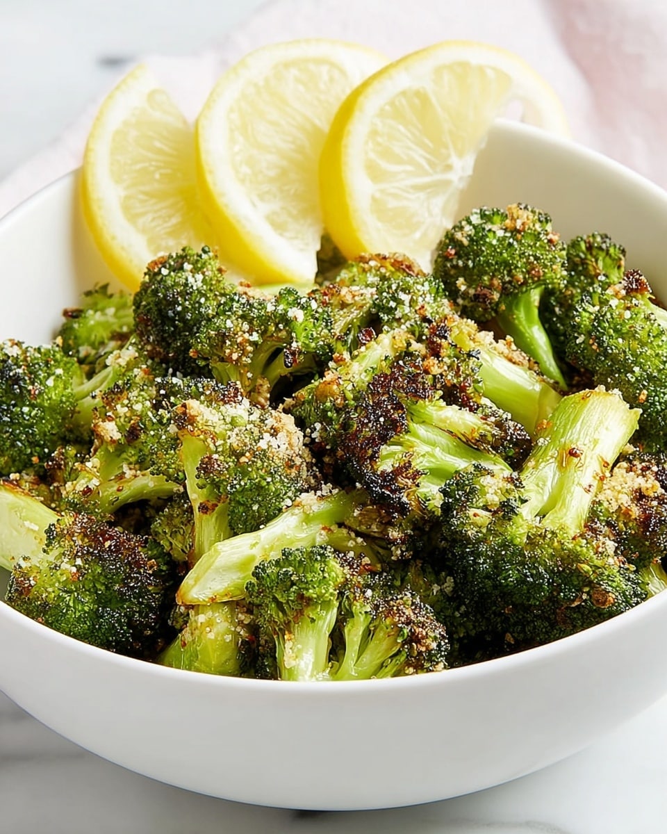A close-up of a white bowl filled with roasted broccoli pieces, each floret showing a mix of bright green and brown, crisp edges from roasting. The broccoli stems are vivid green and slightly shiny, with a coarse texture. Tiny bits of light-colored seasoning or cheese are sprinkled evenly on top, adding contrast to the green florets. The background has a soft, white marbled texture that highlights the vibrant colors of the broccoli. photo taken with an iphone --ar 4:5 --v 7