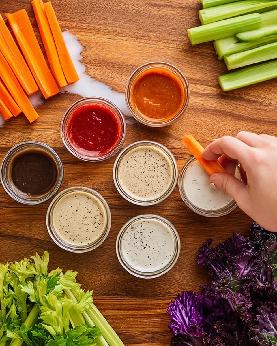 The image shows six small clear glass bowls filled with different colored sauces arranged in two rows on a wooden surface. The first row includes a dark brown sauce, a bright red sauce, and a medium brown sauce from left to right. The second row holds a light beige sauce with black specks, a white sauce with black specks in the middle, and an empty spot. Around the bowls, there are fresh vegetable sticks: orange carrot sticks near the top, green celery sticks on the right, and green cucumber sticks on the left and bottom left. On the right side, a bunch of purple and white leafy greens is visible. A woman's hand is dipping a carrot stick into the white sauce bowl in the second row. The surface is changed to a white marbled texture. Photo taken with an iphone --ar 4:5 --v 7