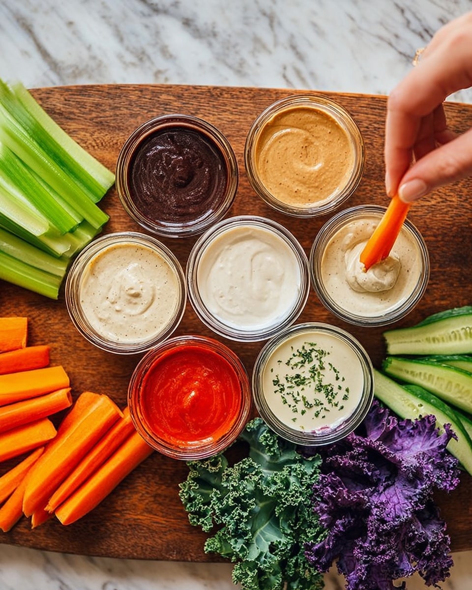 The image shows a wooden board with six small glass bowls arranged in a circle, each filled with a different colored dip: dark brown, bright red, medium brown, two shades of creamy white with herbs, and beige. Around the bowls, cut vegetables are placed in groups, including orange carrot sticks, green celery sticks, and sliced green cucumbers. Curly purple and white kale leaves are placed on the right side. A woman's hand is dipping a carrot stick into one of the creamy white dips. The whole scene is set against a white marbled surface. photo taken with an iphone --ar 4:5 --v 7