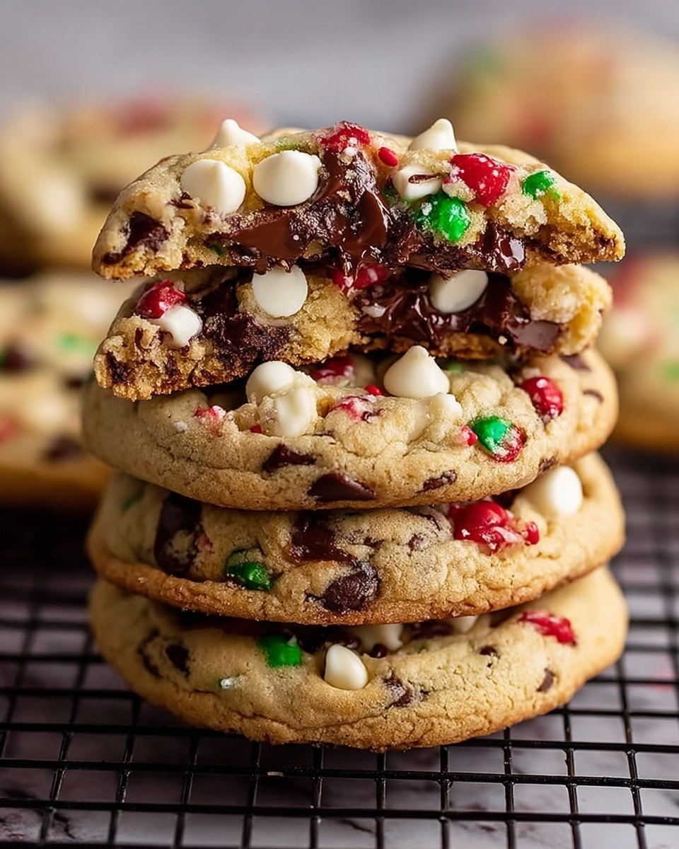 A tall stack of five soft, thick cookies sits on a black cooling rack over a white marbled texture. Each cookie is a light golden color, dotted with white chocolate chunks, dark chocolate chips, and small red and green candy pieces spread evenly across the surface. The top cookie has a bite taken out of it, revealing a soft, moist inside with chunks of white and dark chocolate, along with the colorful candy pieces inside. The texture of the cookies looks chewy and tender, with slight cracks on the edges. photo taken with an iphone --ar 4:5 --v 7