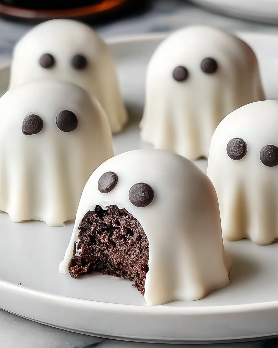 The image shows five small ghost-shaped treats on a white plate with a shiny surface on a white marbled texture background. Each ghost has a smooth, white chocolate outer layer that flows down slightly around the base with two round dark chocolate pieces for eyes and a large oval dark chocolate piece for the mouth. The front ghost has a bite taken out, revealing a dark, soft, and slightly crumbly cake interior with tiny bubbles inside. The other four ghosts are whole, and they stand close together in a loose group. Photo taken with an iphone --ar 4:5 --v 7