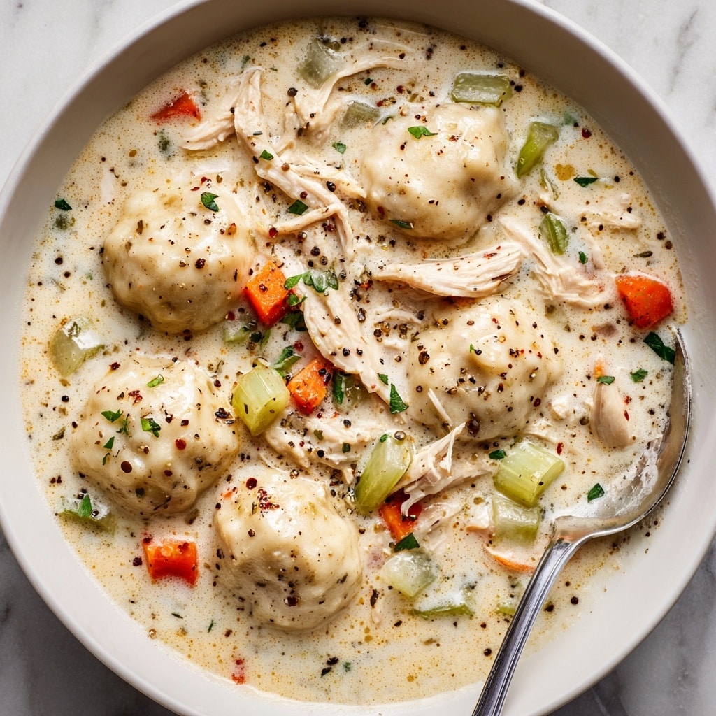 A white speckled bowl holds a creamy chicken and dumpling soup set on a white marbled surface. Inside, five large, light beige dumplings float in a thick, pale cream broth. The soup contains shredded white chicken pieces, chunky orange carrot slices, and bright green celery bits scattered evenly throughout. Bits of finely chopped green onions and small black pepper specks are sprinkled on top, adding contrast and texture. A silver spoon is placed inside the bowl on the left side, partially submerged in the soup, ready to scoop. photo taken with an iphone --ar 4:5 --v 7