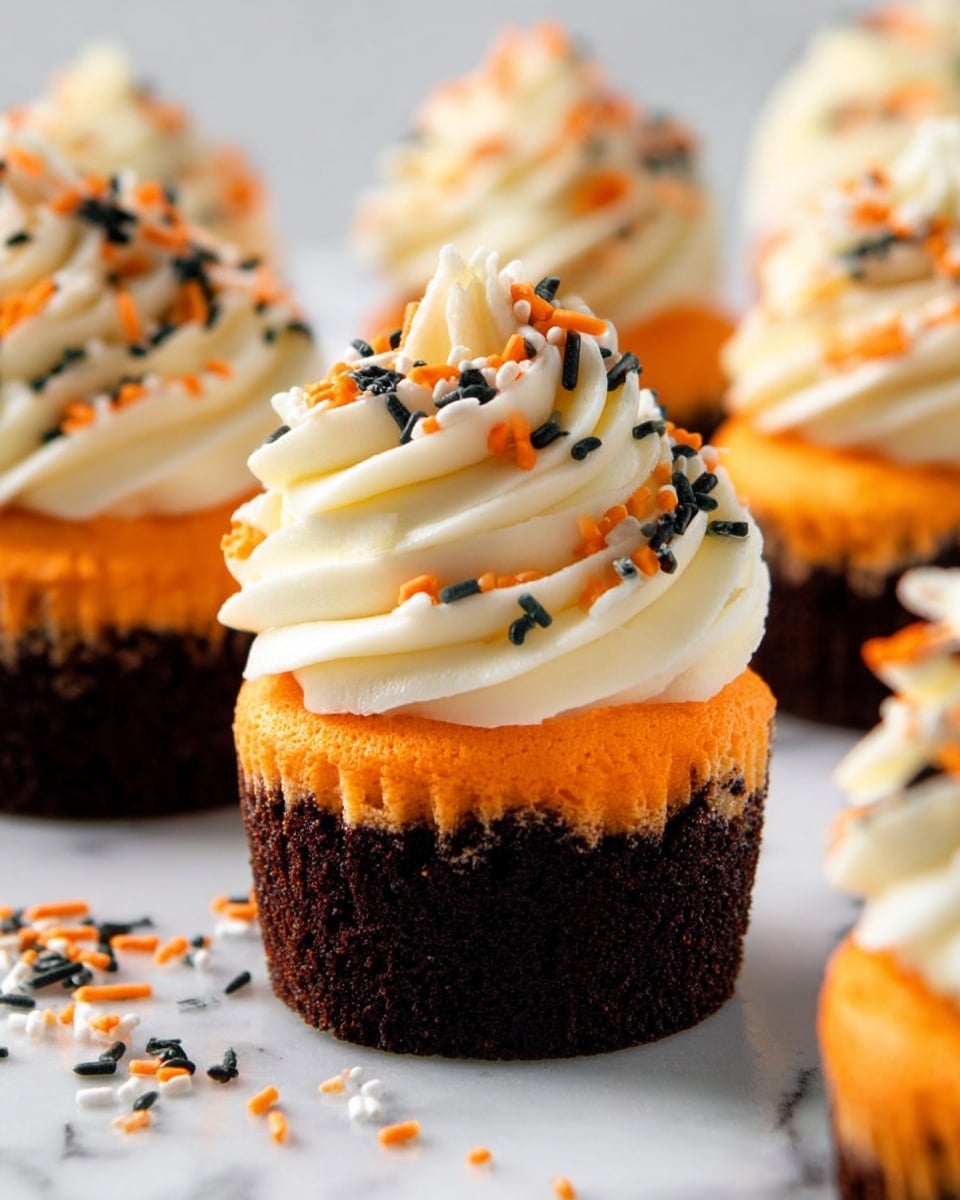The image shows multiple small cupcakes arranged on a white marbled surface. Each cupcake has three distinct layers: a dark brown base layer with a crumbly texture, a thick middle layer of bright orange cake with a smooth but slightly porous surface, and on top, a large swirl of creamy white frosting with a soft and fluffy texture. The frosting is decorated with small sprinkle pieces in black, orange, and white colors scattered evenly across the swirls. Some sprinkles are also scattered on the surface around the cupcakes. photo taken with an iphone --ar 4:5 --v 7