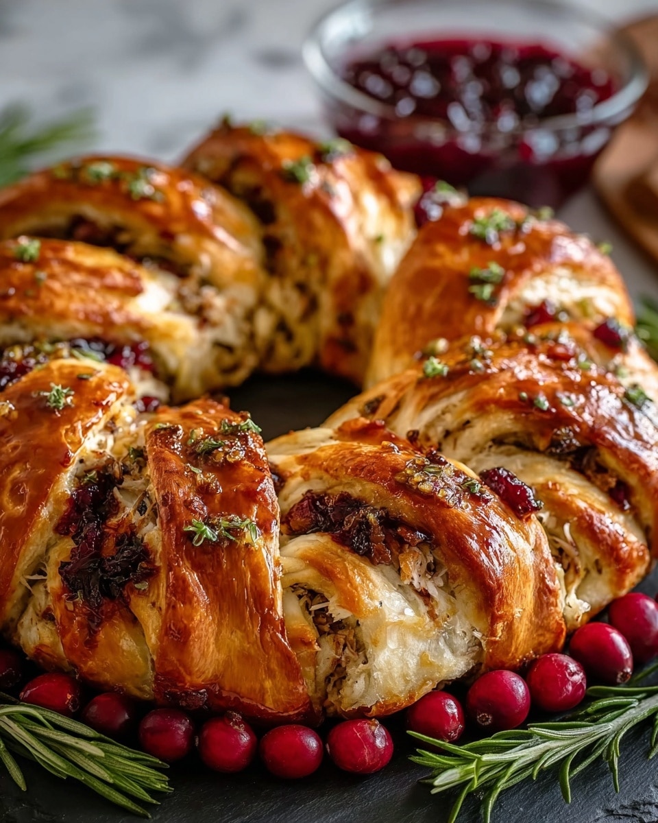 The image shows a golden brown roasted turkey breast sliced into several thick pieces arranged in a semi-circle on a wooden board. Each slice has a crispy skin layer on top with a shiny glaze. Inside the slices, the white, tender turkey meat is visible, filled with green herb stuffing. On top of the turkey are small dollops of bright red cranberry sauce and bits of fresh rosemary sprinkled evenly. Fresh rosemary sprigs and whole cranberries are placed next to the slices, adding a touch of green and red. The background is a white marbled texture. photo taken with an iphone --ar 4:5 --v 7