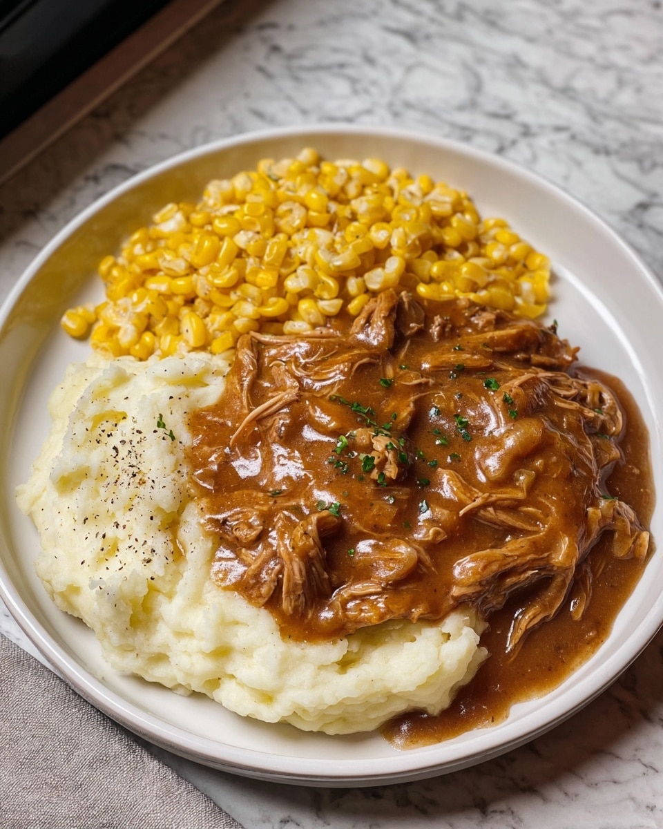 A close-up view of creamy shredded chicken stew with visible thin white chicken strands mixed in a thick light brown sauce with small pieces of red peppers throughout. The stew is held by a blue-grey ladle above a black pot filled with more of the same hearty stew, steam rising gently. The background shows a blurred white marbled texture and stone wall. photo taken with an iphone --ar 4:5 --v 7