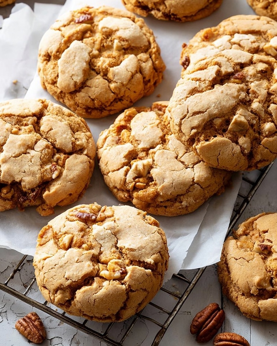 The image shows a group of freshly baked cookies on a metal cooling rack lined with white parchment paper. Each cookie has a rough, cracked surface with light golden brown color and some darker spots, indicating a crunchy texture with chewy bits inside. The cookies look thick and slightly uneven in shape. In the bottom right corner, there are scattered nut pieces, including a pecan, adding a rustic feel. The background is a white marbled texture that contrasts with the warm colors of the cookies, emphasizing their golden tone. Photo taken with an iphone --ar 4:5 --v 7