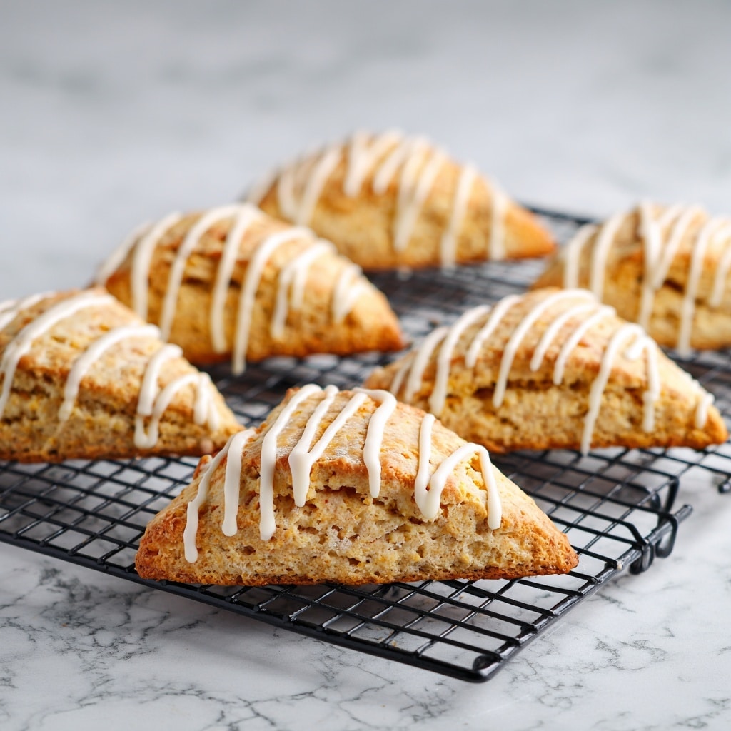 A metal cooling rack holds fifteen golden-brown, triangular scones with a textured, flaky surface. One scone near the center has white glaze drizzled across the top in thin lines. A woman's hand is holding a silver spoon with white icing above another scone, ready to apply it. The background is a white marbled surface, giving a clean and bright look. Photo taken with an iphone --ar 4:5 --v 7