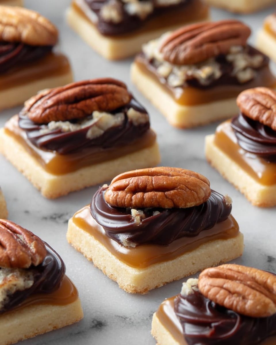 The image shows small square cookies arranged in rows on a white marbled surface, each cookie having three distinct layers. The bottom layer is a pale, golden-baked cookie with a smooth texture. The middle layer is a thick, glossy caramel, which looks sticky and slightly uneven. The top layer consists of a thick swirl of dark, shiny chocolate and a whole pecan placed on top, which has a rich brown color and a textured surface. The close and sharp focus highlights the glossy caramel and chocolate, as well as the rough texture of the pecans. photo taken with an iphone --ar 4:5 --v 7