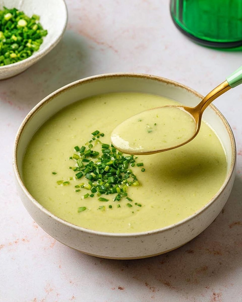 A smooth pale green soup fills a white bowl, topped with a small pile of finely chopped bright green chives at the center. A spoon with a light green handle and golden bowl lifts some of the creamy soup from the bowl, revealing its thick texture. To the left, there is another white bowl holding more chopped chives, and to the right, a green glass is partially visible. The background is a white marbled texture. photo taken with an iphone --ar 4:5 --v 7