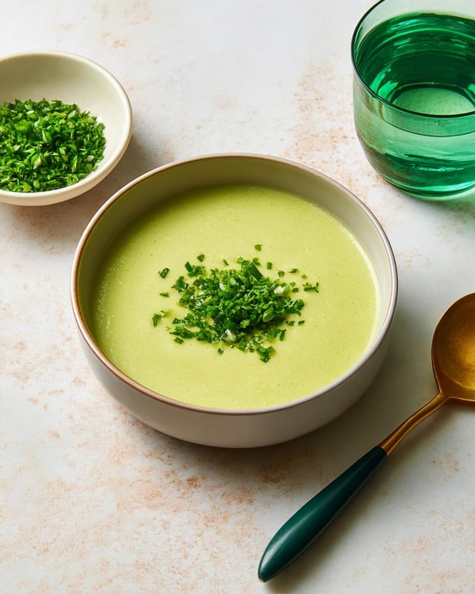 A bowl of smooth light green soup with a small pile of chopped green herbs placed neatly in the middle on top; the bowl is white and round with a simple shape. To the left of the bowl, there is a small white bowl filled with more chopped green herbs. On the right side, there is a long-handled spoon with a dark green handle and a golden scoop resting on the white marbled surface. In the background, a clear green glass of water is visible. The whole setup is on a white marbled texture surface. photo taken with an iphone --ar 4:5 --v 7